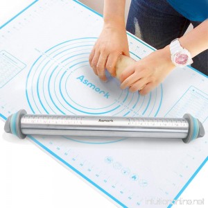 Asmork Rolling Pin Silicone Baking Mat Adjustable Stainless Steel Rolling Pins Dough Roller with 4 Removable Thickness Rings for Baking Dough Pizza Pie Pastries Pasta and Cookies (1) - B07DRBKT77